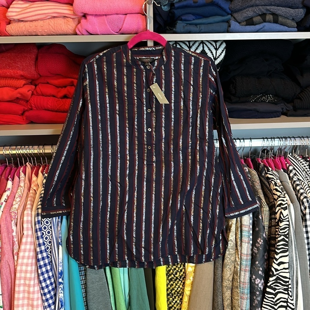 J Crew navy/maroon/silver thread striped mandarin collar blouse size 0 NWT